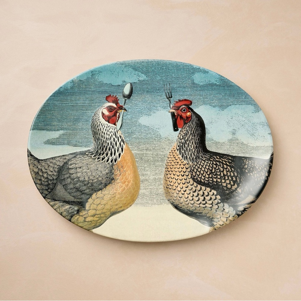 John Derian “Hungry Chicken” Stoneware Oval Severing Platter